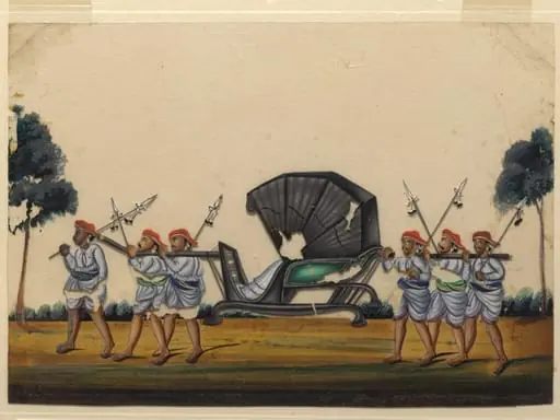 A chair-palanquin with six bearers, by Unknown