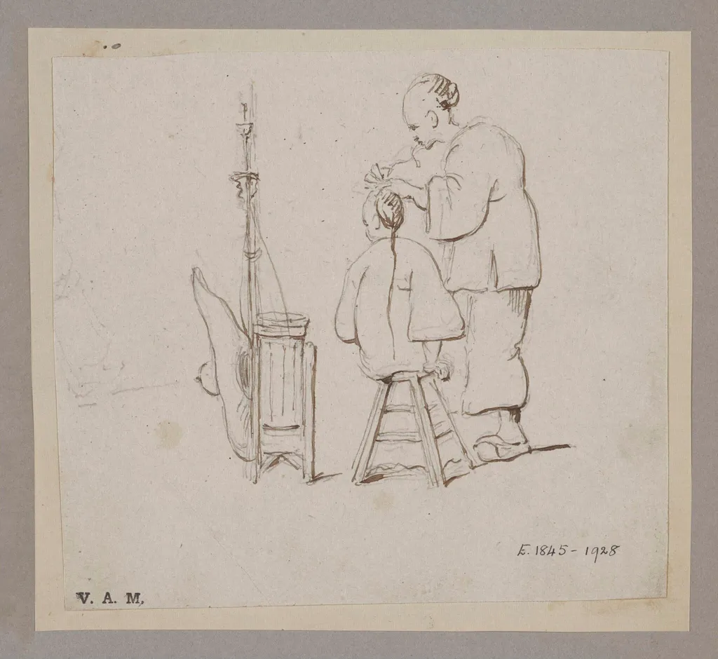 A Chinese barber and customer, by Unknown, 1850