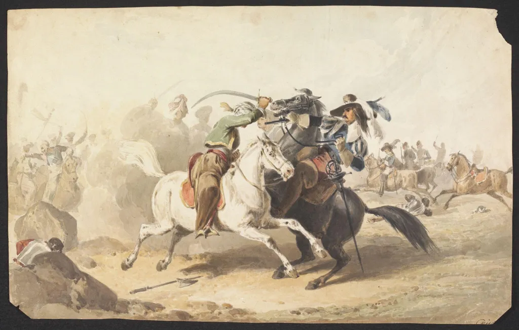 A Clash between European and Ottoman Cavalry, by Unknown, watercolor, 1800