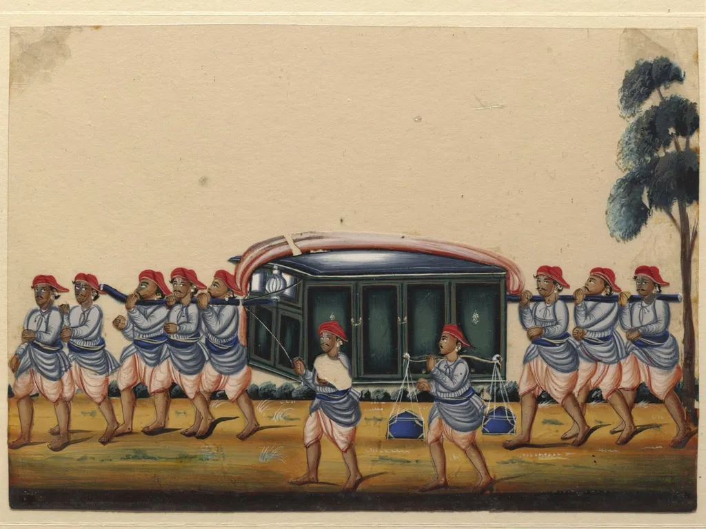 A closed palanquin with six bearers, by Unknown, paint, 1860