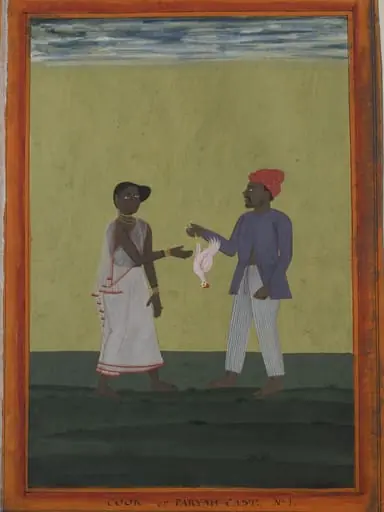 A cook holding a chicken, by Unknown