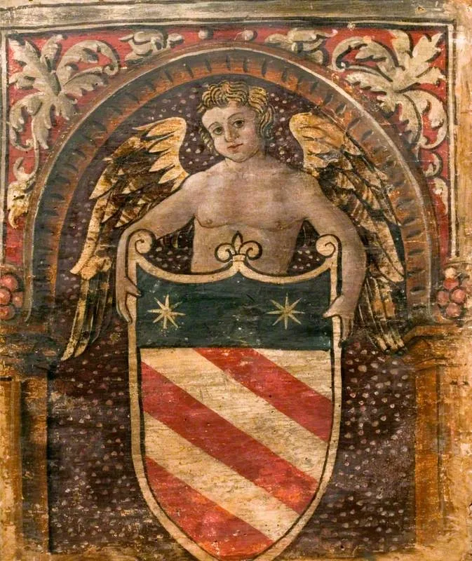 A Cupid with a Coat of Arms (one of 29 painted panels from a frieze), by Unknown, unspecified, 1500