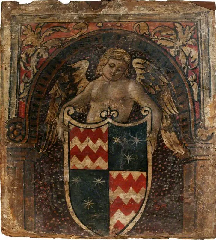 A Cupid with a Coat of Arms (one of 29 painted panels from a frieze), by Unknown, 1500