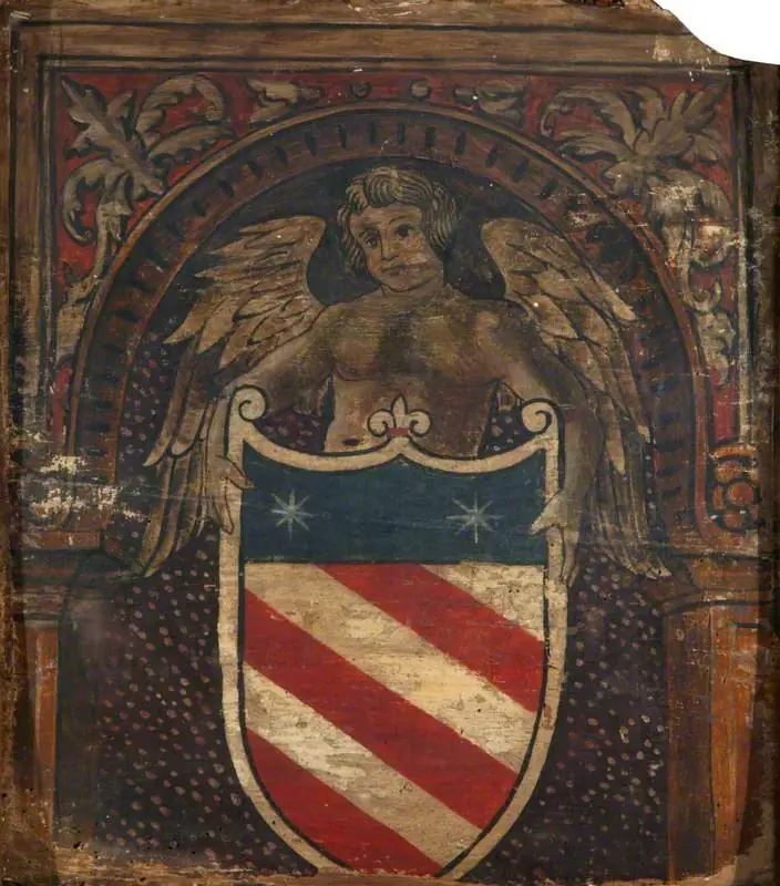 A Cupid with a Coat of Arms (one of 29 painted panels from a frieze), by Unknown
