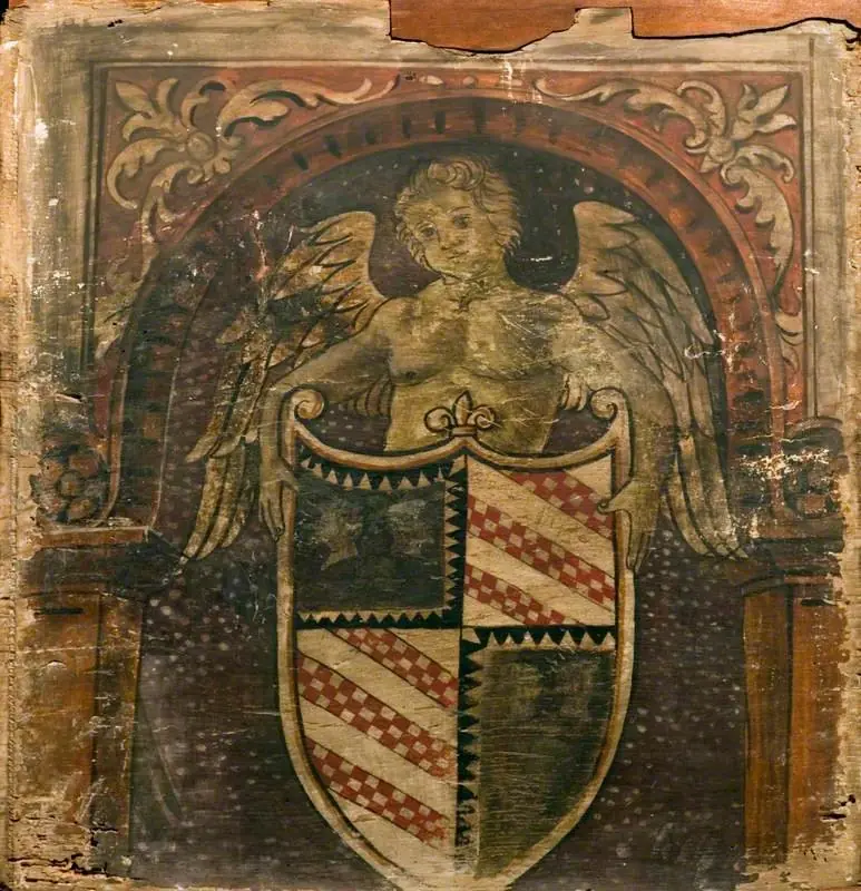 A Cupid with a Coat of Arms (one of 29 painted panels from a frieze), by Unknown