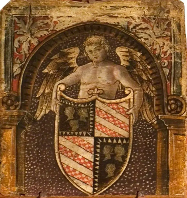 A Cupid with a Coat of Arms (one of 29 painted panels from a frieze), by Unknown