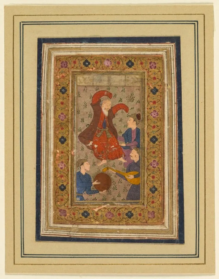 A dancing dervish and three musicians, from a Divan (Collected Poems) of Urfi (Persian, 1555–1591), by Unknown, unspecified, 1637