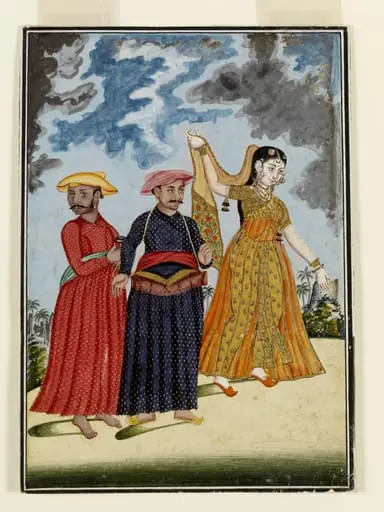 A dancing-gril with two musicians, by Unknown