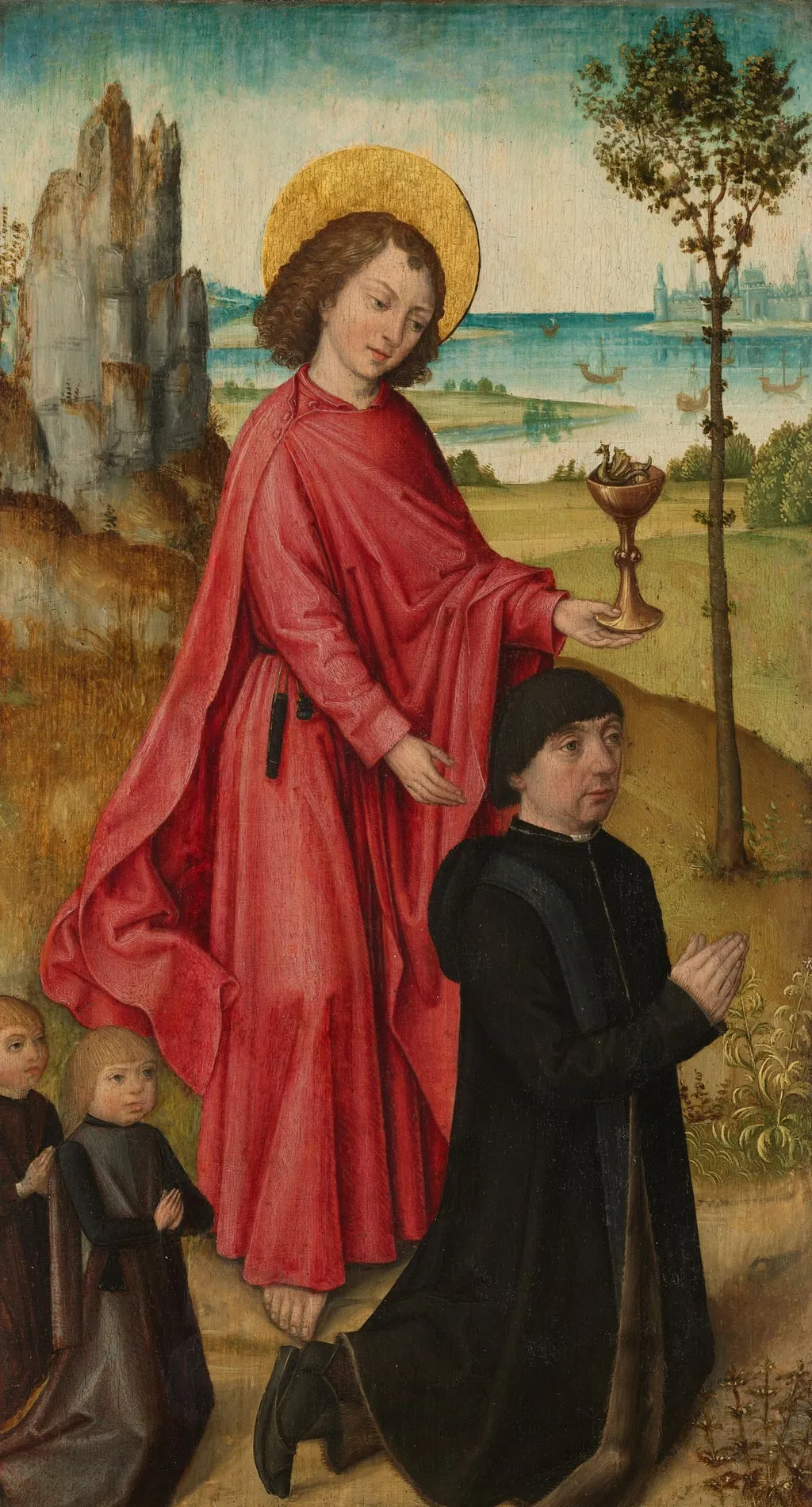 A Donor and his two Sons with Saint John the Evangelist, inner left wing of a triptych, by Unknown, unspecified, 1480