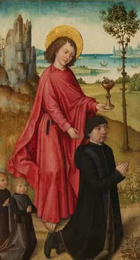A Donor and his two Sons with Saint John the Evangelist, inner left wing of a triptych, by Unknown
