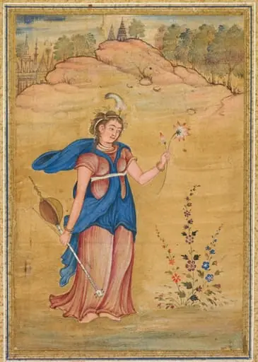 A female figure standing in a landscape holding a four-stringed “khuuchir” and a lotus, by Unknown