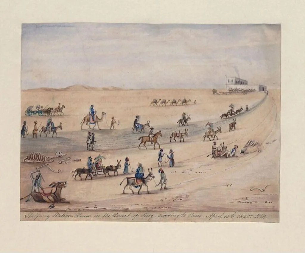 A halfway station house in the desert of Suez crossing to Cairo, by Unknown, watercolor, 1840