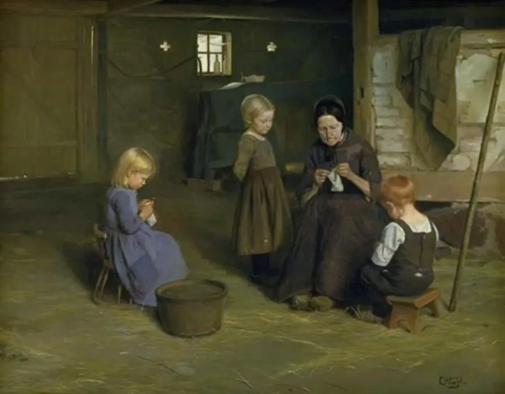 A Knitting Lesson, by Unknown, 1890