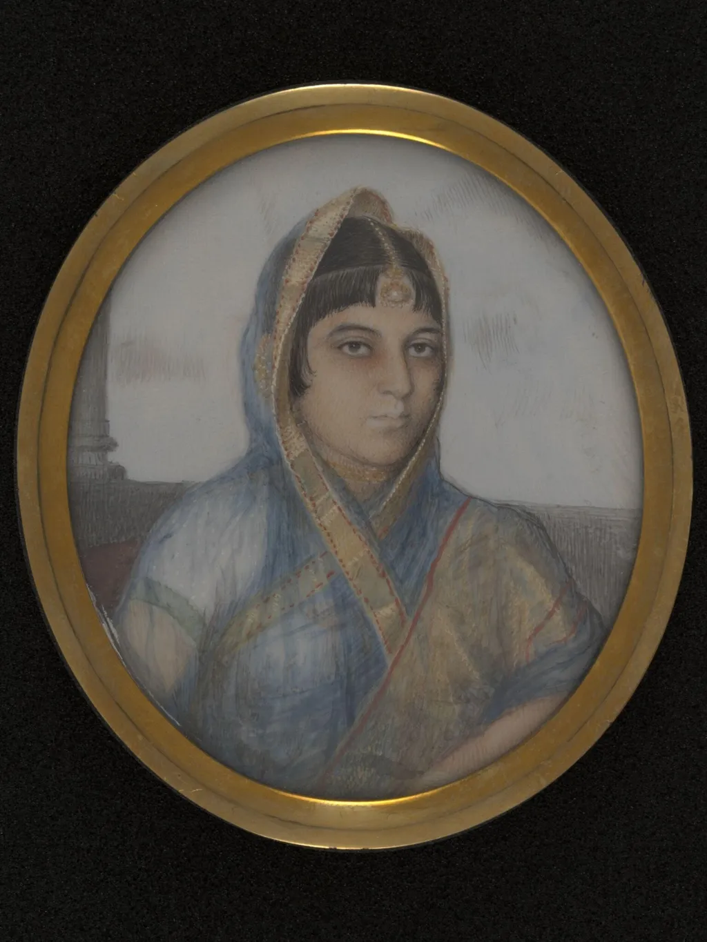 A lady in a blue, gold-edged sari., by Unknown, paint, 1850