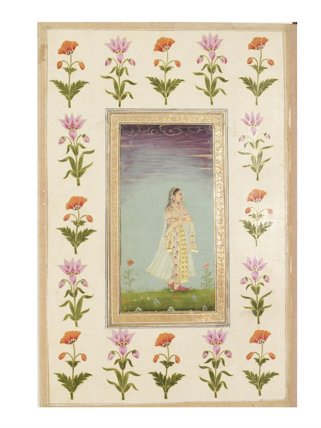 a lady walking through flowers., by Unknown, paint, 1650