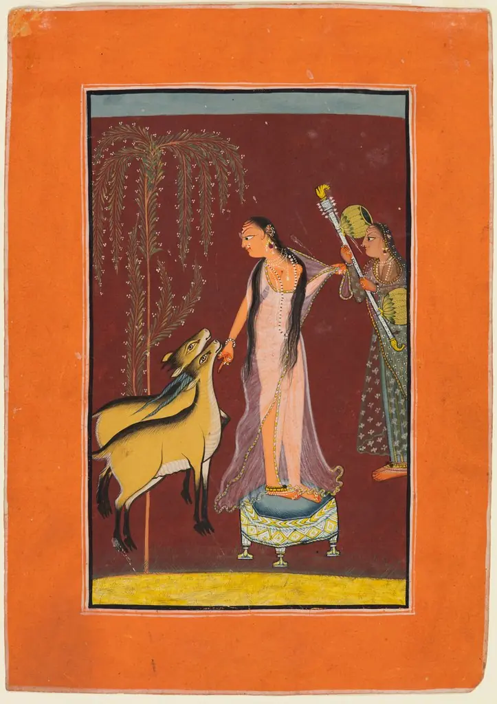 A Lady with Attendant and a Pair of Deer: Probably Gujari Ragini of Dipak, from a Pahari Ragamala, by Unknown