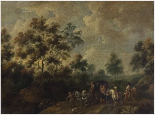 A Landscape with a Coach Party, by Unknown, oil