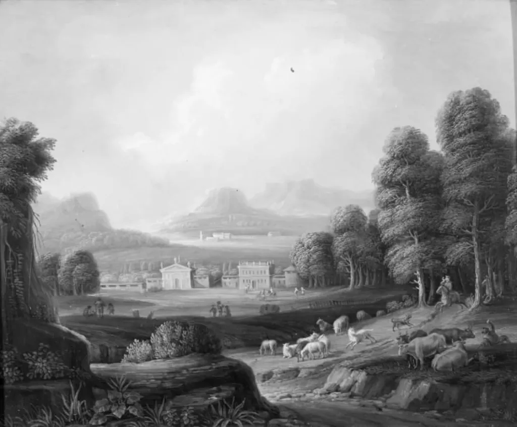 A Landscape with Villas in the Middle Distance and Mountains in the Background, by Unknown, unspecified, 1741