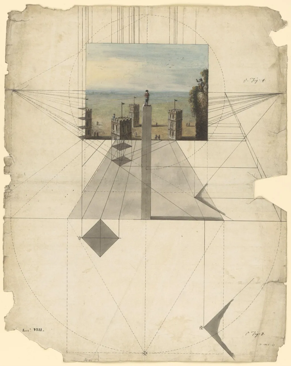 A lesson in perspective showing a method of drawing towers from a point above them, by Unknown, 1780