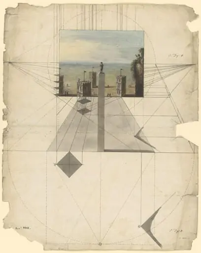 A lesson in perspective showing a method of drawing towers from a point above them, by Unknown