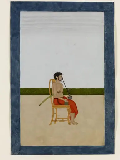 A male member of William Fullerton's household seated on a European chair smoking a 'huqqa' and holding a sword and a 'lota', by Unknown