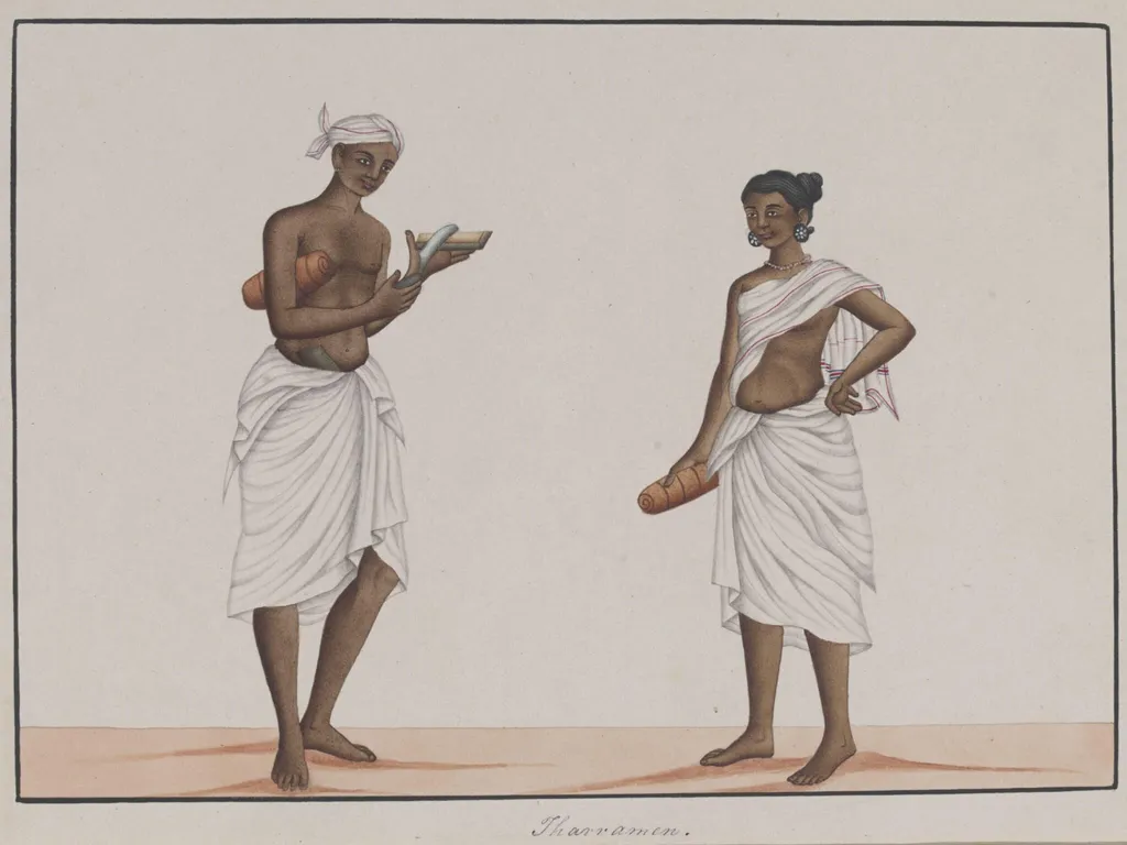 A man and woman carrying rolled mats, by Unknown, paint, 1830