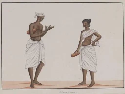 A man and woman carrying rolled mats, by Unknown