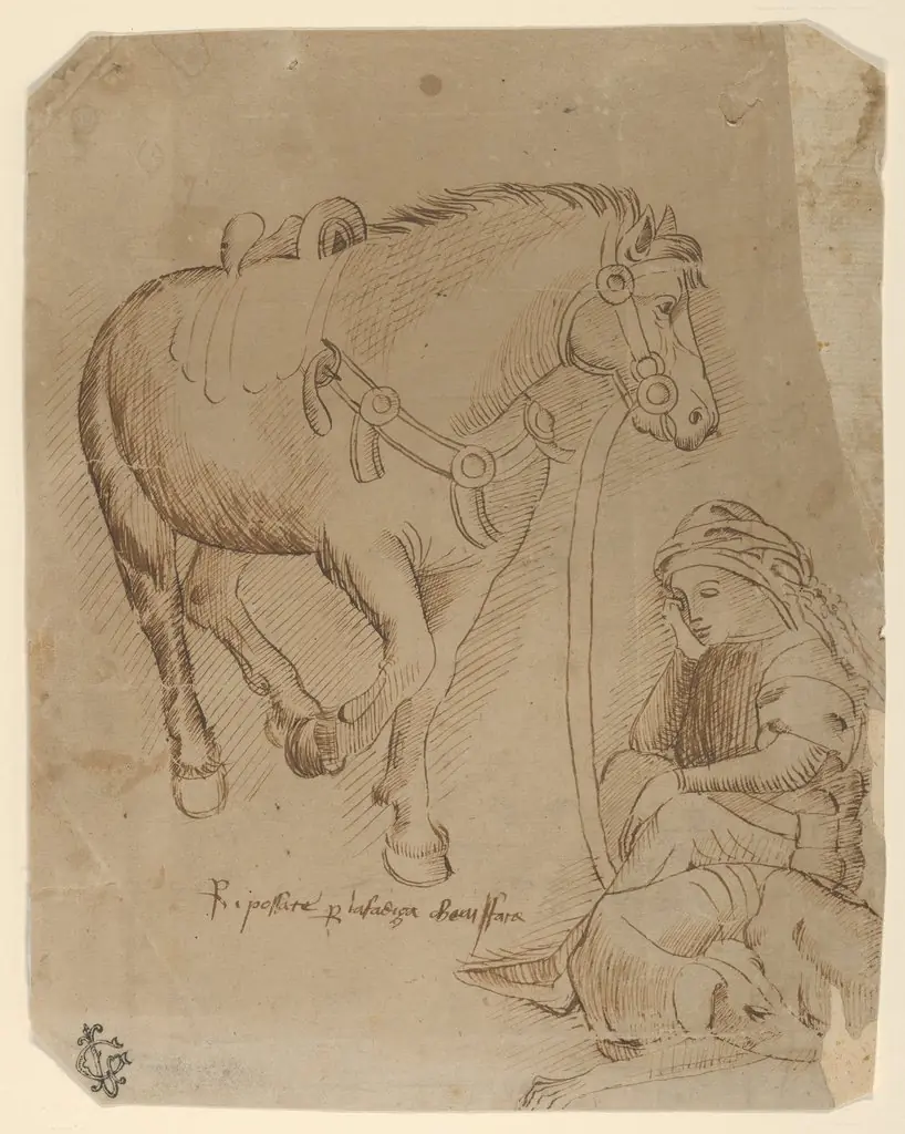 A Man Asleep Alongside a Dog and a Horse, by Unknown, 1450