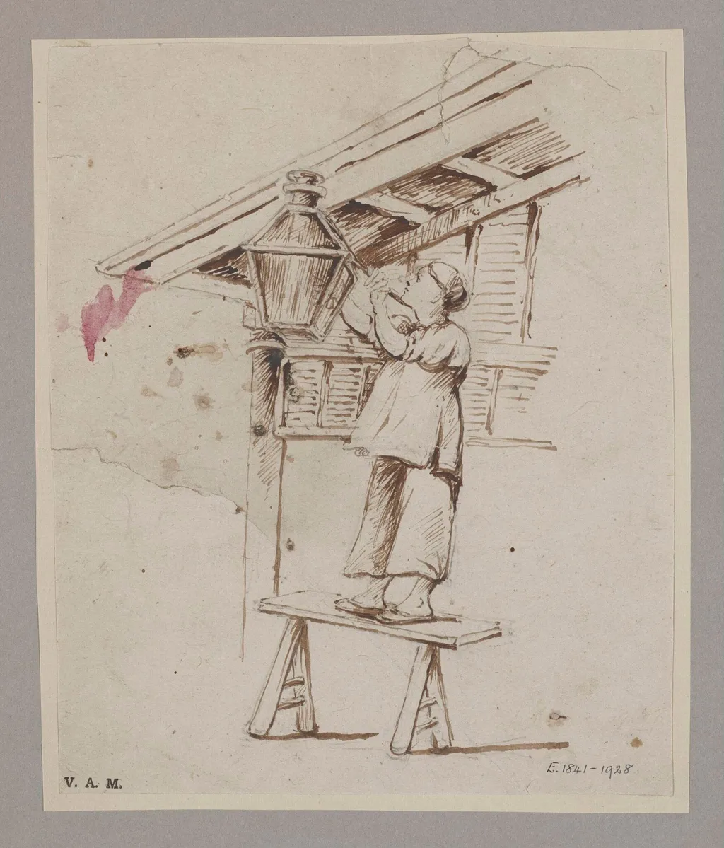 A man attending to a hanging lamp, by Unknown, 1850