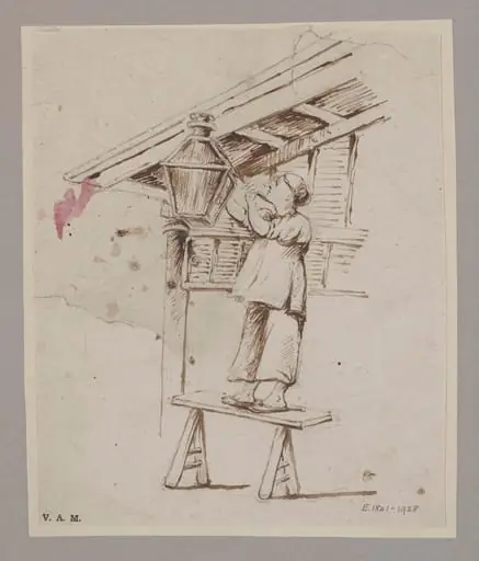 A man attending to a hanging lamp, by Unknown