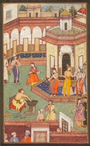 A Man Dips His Hand into a Cauldron as Ladies of the Harem Stand in Amazement: A Page from a Manuscript of Religious History, by Unknown