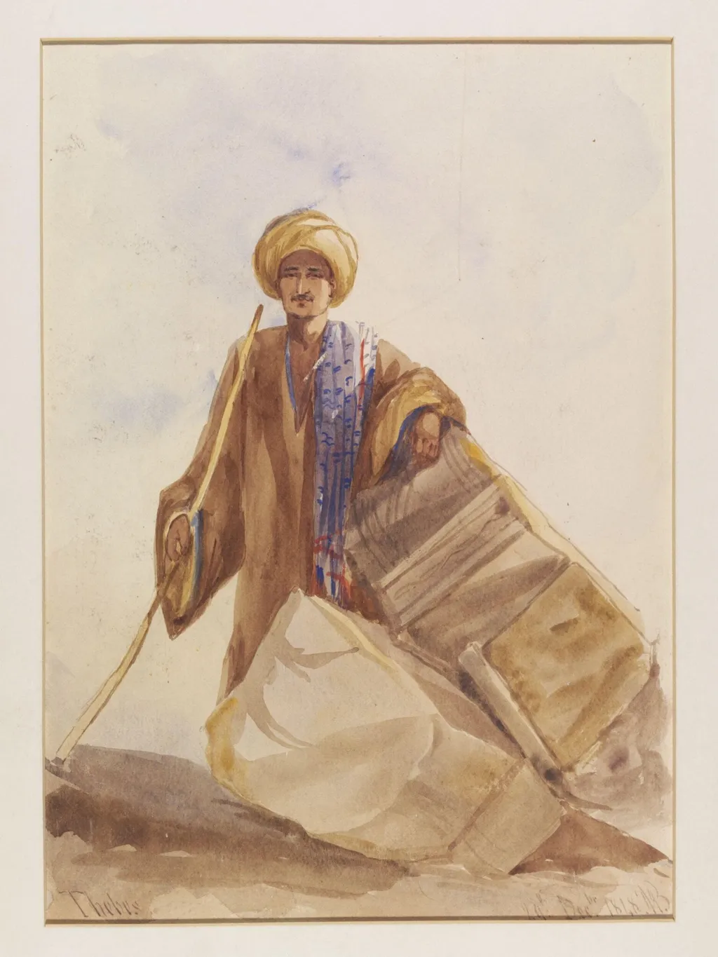 A Man standing by Rocks, Thebes, by Unknown, watercolor, 1848