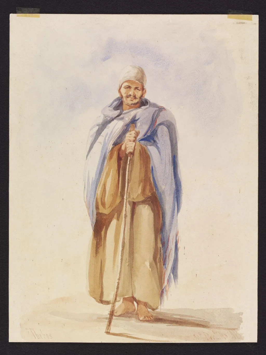 A Man with a Staff, Thebes, by Unknown, watercolor, 1848