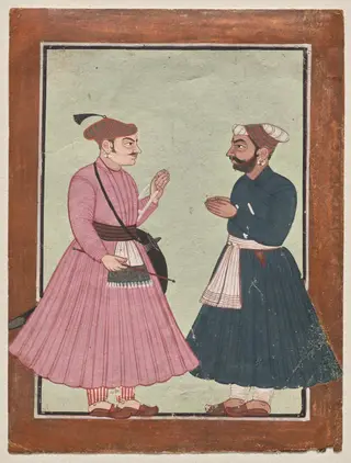 A Mandi royal family member receives a noble, by Unknown, 1710