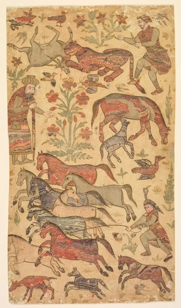 A marbled picture of Rustam catching Rakhsh, by Unknown