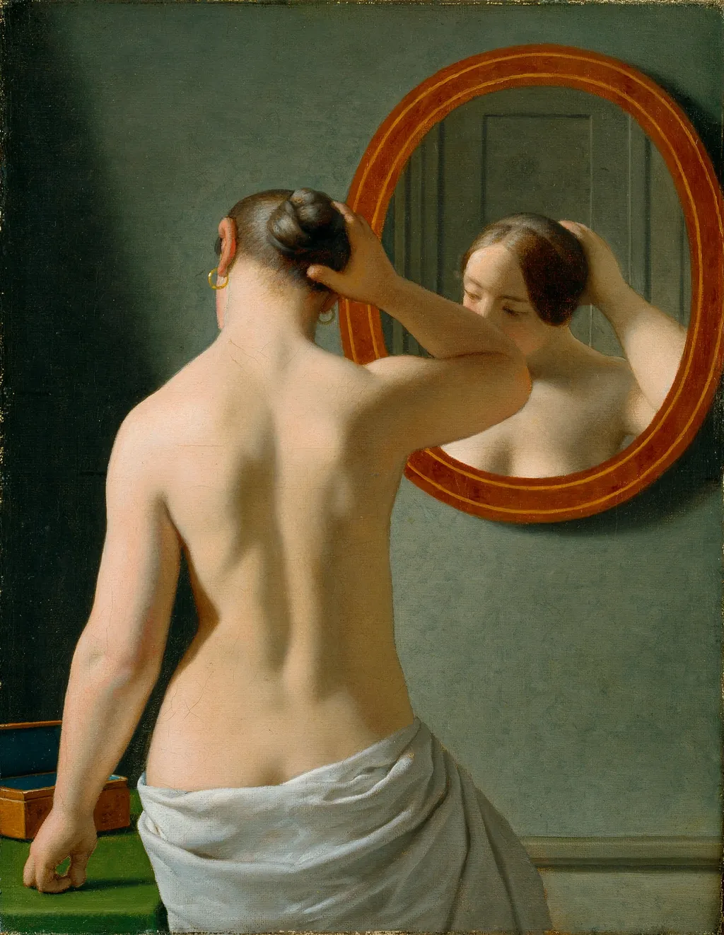 A nude woman doing her hair before a mirror, by Unknown, 1841