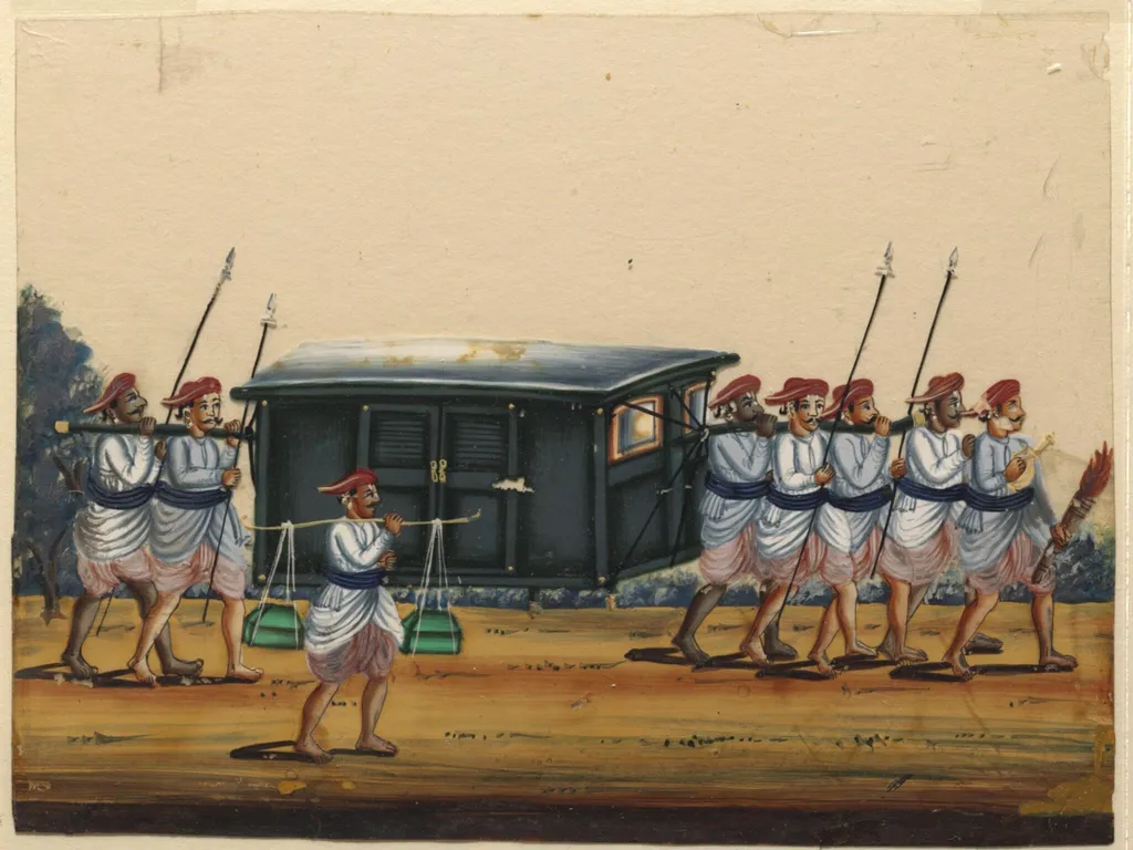 A palanquin with six carriers, by Unknown, paint, 1860