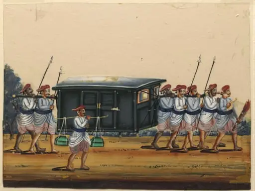 A palanquin with six carriers, by Unknown