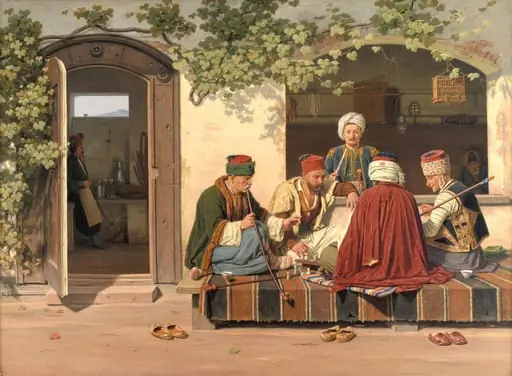A party of chess players outside a Turkish coffeehouse and barbershop, by Unknown