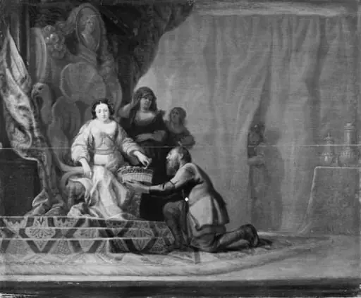 A Peasant Handing a Fruit Basket to an Enthroned Woman, by Unknown