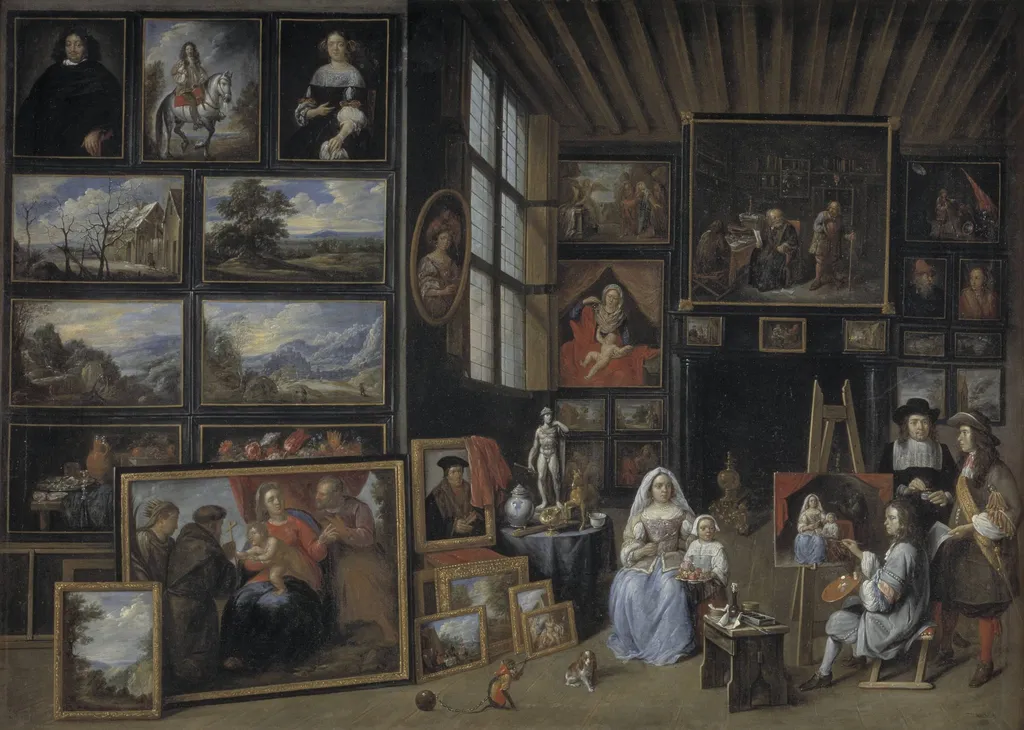 A Picture Gallery with an Artist Painting a Woman and a Girl. Allegory of the Art of Painting, by Unknown, unspecified, 1664