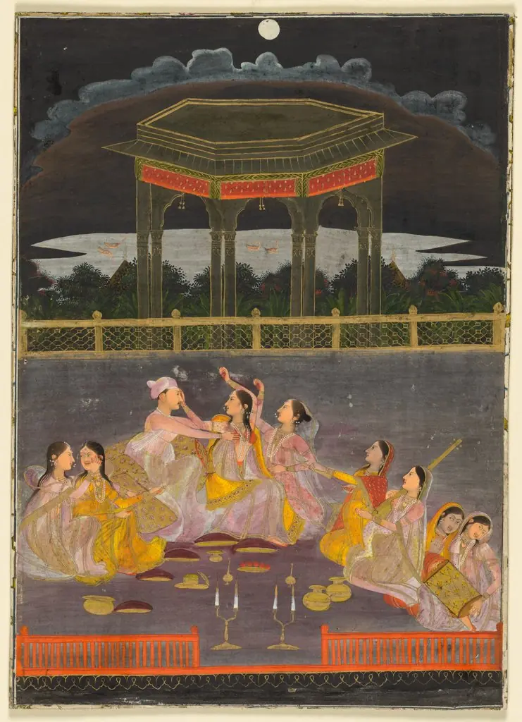 A prince celebrating Holi with palace women on a terrace at night (recto); calligraphy of a quatrain (verso), by Unknown