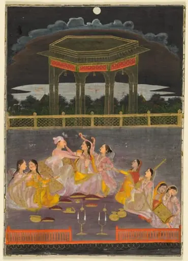 A prince celebrating Holi with palace women on a terrace at night (recto), by Unknown, 1760