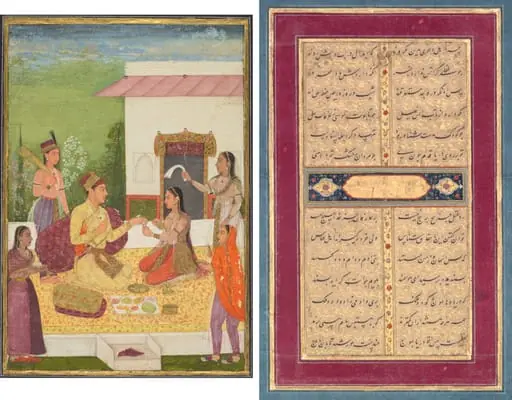 A prince conversing with a woman while taking refreshments on a terrace (recto); Calligraphy (verso), by Unknown