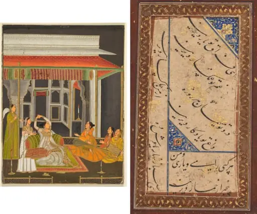A princess on a terrace with attendants at night (recto); Calligraphy (verso), by Unknown, 1760
