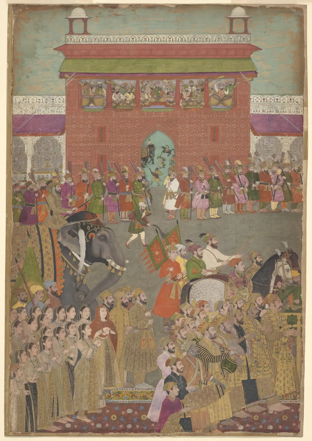 A Procession Scene with Musicians, from a copy of the Padshanama, by Unknown, watercolor, 1650