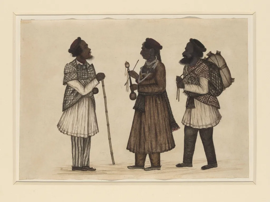 A Punjabi woman standing with a Punjabi man on either side., by Unknown, paint, 1860