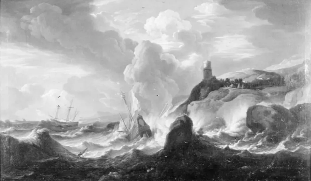 A Rocky Coast with a Atormy Sea and Ships Being Wrecked, by Unknown, 1704