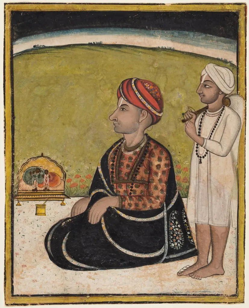 A Ruler Seated on a Terrace Worshipping at a Shrine of Radha and Krishna, by Unknown