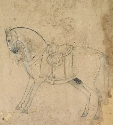 A saddled horse, by Unknown